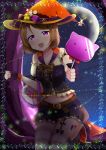  1girl :d basket belt border brown_hair candy clenched_hand detached_sleeves fingerless_gloves food frilled_shorts frills garter_straps gloves half-closed_eyes halloween_costume hat hat_ornament hat_pin highres kneeling koizumi_hanayo lollipop looking_at_viewer love_live! love_live!_school_idol_festival love_live!_school_idol_project moon navel night night_sky offering open_mouth short_hair short_sleeves shorts sky smile solo sparkle star_(sky) starry_sky striped striped_legwear thigh-highs witch_hat yuama_(drop) 