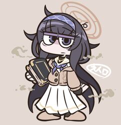  1girl arm_at_side artist_name bags_under_eyes bangs black_hair blue_archive bodystocking book brown_background brown_cardigan brown_footwear buttons cardigan cartoonized cho_theg closed_mouth commentary_request flat_chest flat_color full_body gradient gradient_background hairband half-closed_eyes halo hand_up holding holding_book jewelry jitome long_hair long_skirt long_sleeves looking_at_viewer messy_hair neckerchief necklace off_shoulder pleated_skirt purple_hairband purple_neckerchief safe sailor_collar school_uniform serafuku shiny shiny_hair shirt sidelocks sideways_mouth signature simple_background skirt slippers smell solo standing toon_(style) ui_(blue_archive) very_long_hair violet_eyes white_sailor_collar white_shirt white_skirt 