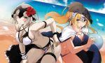  2girls bare_shoulders beach bent_over bikini blonde_hair blue_eyes blush body_writing breasts cape cleavage clouds fate/grand_order fate_(series) headpiece jeanne_alter multiple_girls navel pale_skin platinum_blonde ponytail ruler_(fate/apocrypha) sand short_hair sky swimsuit thigh_strap vane water yellow_eyes 