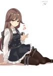  1girl arashio_(kantai_collection) artist_signature brown_eyes brown_hair dated dress heart kantai_collection long_hair looking_at_viewer pantyhose pinafore_dress remodel_(kantai_collection) school_uniform shibaame sitting smile 