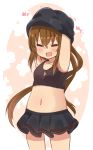  1girl black_skirt blush brown_hair closed_eyes fumizuki_(kantai_collection) hair_between_eyes highres kantai_collection long_hair navel open_mouth pleated_skirt ponytail skirt solo stomach suzuki_toto undressing 