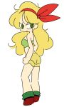  1girl angry artist_request bare_shoulders blonde_hair clenched_hand commentary dragon_ball green_eyes hair_ribbon long_hair looking_back lunch_(dragon_ball) midriff ribbon short_shorts shorts solo standing strapless tubetop wavy_hair 