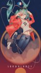  1girl alternate_costume aqua_eyes aqua_hair denim glasses_on_head groin hatsune_miku highres jacket jeans jumping magical_mirai_(vocaloid) midriff navel pants shirt shoes sneakers solo t-shirt twintails vocaloid 