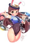 1girl :d \m/ animal_ears bangs blush breast_pocket breasts brown_eyes brown_hair bunny_tail bunnysuit covered_navel cropped_legs cuffs d.va_(overwatch) groin handcuffs hat highleg highleg_leotard highres hips holding leotard long_hair necktie officer_d.va open_mouth outstretched_arm overwatch pocket police police_uniform policewoman rabbit_ears rogeris short_hair signature simple_background smile solo striped striped_necktie tail thighs uniform whisker_markings white_background 
