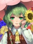  1girl ascot collar collared_shirt commentary_request eyebrows_visible_through_hair field flower flower_field frilled_collar frills green_eyes green_hair hand_up highres holding holding_flower holding_umbrella kazami_yuuka long_sleeves looking_at_viewer outdoors parasol parted_lips piyodesu plaid plaid_vest shiny shiny_hair shirt short_hair smile solo sunflower touhou umbrella upper_body vest wavy_hair white_shirt wing_collar 