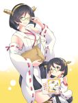 2girls adjusting_glasses akaneyu_akiiro black_hair black_hakama blue_eyes book breasts child detached_sleeves glasses gradient gradient_background hakama hakama_skirt headband holding holding_book holding_envelope japanese_clothes kantai_collection kirishima_(kantai_collection) large_breasts looking_at_viewer mother_and_daughter multiple_girls nontraditional_miko ribbon-trimmed_sleeves ribbon_trim short_hair smile thigh-highs white_background wide_sleeves yellow_background yellow_eyes 