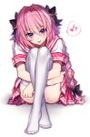  1boy blush braid fang fate/apocrypha fate/grand_order fate_(series) hair_ribbon highres kiritani846 leg_hug long_hair looking_at_viewer male_focus pink_hair ribbon rider_of_black single_braid sitting smile solo trap white_legwear 