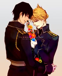  1boy 1girl black_hair blonde_hair brown_eyes closed_eyes copyright_name flower forehead-to-forehead fullmetal_alchemist gloves grey_background gun happy military military_uniform riza_hawkeye roy_mustang short_hair simple_background smile text tied_hair uniform weapon 