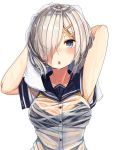  1girl armpit_peek arms_up black_bra blush bra breasts bright_pupils grey_eyes hair_ornament hair_over_one_eye hairclip hamakaze_(kantai_collection) kantai_collection looking_at_viewer medium_breasts nose_blush open_mouth plan_(planhaplalan) sailor_collar sailor_shirt see-through shirt short_hair silver_hair simple_background solo towel towel_on_head underwear upper_body wet wet_hair white_background white_pupils 