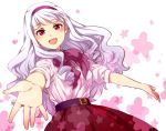  1girl :d belt blush bow bowtie breasts eyebrows_visible_through_hair floating_hair hairband hands idolmaster long_hair looking_at_viewer open_mouth outstretched_arms palms purple_bow purple_bowtie purple_hairband red_eyes red_skirt restaint shijou_takane shirt silver_hair simple_background skirt smile solo very_long_hair white_background white_shirt 