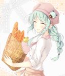  alternate_costume bag blush braid bread closed_eyes commentary_request doughnut eyebrows_visible_through_hair food frog_hair_ornament green_hair hair_between_eyes hair_ornament hasuga_sea hat highres holding_bag kochiya_sanae long_hair paper_bag shirt smile snake_hair_ornament touhou white_shirt 