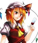  1girl ascot bangs blush breasts brown_eyes crystal cup drinking_glass fang flandre_scarlet frilled_shirt_collar frills fuussu_(21-kazin) hat hat_ribbon looking_at_viewer mob_cap orange_hair parted_lips pointy_ears puffy_short_sleeves puffy_sleeves red_ribbon red_vest ribbon shirt short_sleeves small_breasts smile solo touhou upper_body vest white_shirt wine_glass wings 