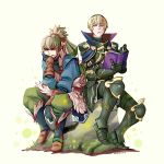 2boys armor blonde_hair book fire_emblem fire_emblem_if frown gloves greaves highres holding holding_book leon_(fire_emblem_if) multiple_boys ponytail sitting sitting_on_object stone takumi_(fire_emblem_if) white_background white_hair 