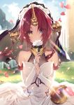  1girl bare_shoulders berserker_of_black blue_eyes clouds collarbone day detached_sleeves dress fate/apocrypha fate_(series) flower hair_ornament heterochromia necomi_(gussan) petals redhead rose sky solo veil white_rose yellow_eyes 