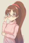  1girl artist_name blush breasts brown_eyes brown_hair closed_mouth eyebrows_visible_through_hair fire_emblem fire_emblem:_mystery_of_the_emblem fire_emblem_heroes glasses highres large_breasts linda_(fire_emblem) long_hair long_sleeves nan0teck ponytail semi-rimless_glasses smile solo sweater twitter_username 