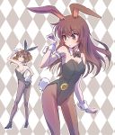  2girls animal_ears breasts brown_hair bunny_day bunny_girl bunny_tail checkered checkered_background cleavage coco_adel commentary_request fake_animal_ears fake_tail iesupa leotard multiple_girls playboy_bunny_leotard rabbit_ears rwby tail velvet_scarlatina 