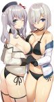  2girls ;) ;q bikini black_bikini black_gloves blue_eyes breast_press breasts choker cleavage eyebrows_visible_through_hair gloves hair_ornament hair_over_one_eye hairclip hamakaze_(kantai_collection) hand_holding hat interlocked_fingers kantai_collection kashima_(kantai_collection) large_breasts looking_at_viewer medium_hair multiple_girls off_shoulder one_eye_closed side-tie_bikini sidelocks silver_hair smile sukebewe swimsuit symmetrical_docking tongue tongue_out twintails 