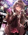  1girl bag black_legwear blush braid brown_gloves coat gift gloves grey_hair hair_ornament hairband hairclip haruka_natsuki lamppost long_hair looking_at_viewer original pantyhose scarf skirt snow snowing solo tree violet_eyes 