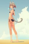  1girl animal_ears ass barefoot bikini blush breasts brown_hair clouds earrings fang food from_behind full_body green_eyes highres jewelry looking_back mr_very multiple_earrings original ponytail popsicle short_hair sky small_breasts solo swimsuit tail tan tanline 