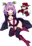  1girl :o automaton_(object) black_legwear boots breasts cape collarbone colonel_olcott_(fate/grand_order) doll fate/grand_order fate_(series) fur_trim garter_straps hat helena_blavatsky_(fate/grand_order) highres looking_at_viewer mistletoe nishimi_shin purple_hair sack santa_costume santa_hat short_hair small_breasts solo thigh-highs violet_eyes 