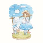  1girl albino blue_dress blue_shoes blue_sky bow brown_hair clothesline clouds day dress grass green_eyes hat hat_bow laundry_basket laundry_pole mushroom original outdoors pig ribbon sakano_machi sheep shoes sky smile standing towel traditional_media watercolor_(medium) 