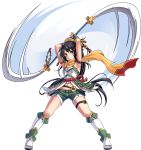  1girl armor armpits black_hair boots breastplate coin_hair_ornament from_below full_body green_shorts hair_ornament hairpin holding holding_spear holding_weapon iwabitsu_(oshiro_project) kekemotsu long_hair midriff navel official_art orange_scarf oshiro_project oshiro_project_re polearm ponytail scarf short_shorts shorts sleeveless spear spinning transparent_background very_long_hair violet_eyes weapon white_footwear white_legwear 