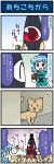  1girl 4koma ^_^ artist_self-insert bag blue_eyes blue_hair cat closed_eyes comic commentary_request flying_sweatdrops heterochromia highres juliet_sleeves karakasa_obake kogasa-san&#039;s_father long_sleeves mizuki_hitoshi outstretched_arms puffy_sleeves red_eyes shopping_bag short_hair spread_arms sweat tatara_kogasa too_many too_many_cats touhou translation_request umbrella 