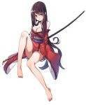  1girl absurdres bangs bare_shoulders barefoot black_hair blush breasts cleavage collarbone de_da_xianyu hair_between_eyes highres holding holding_sword holding_weapon japanese_clothes katana kimono knee_up large_breasts long_hair looking_at_viewer open_mouth original parted_lips red_kimono simple_background sitting solo sword thighs very_long_hair violet_eyes weapon white_background yokozuwari 