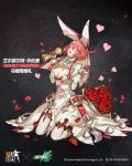  1girl bangs blush breasts character_name cleavage closed_eyes copyright_name crossover dress elphelt_valentine embers flower full_body girls_frontline guilty_gear guilty_gear_xrd hairband heart highres holding kneeling large_breasts open_mouth petals pink_hair red_flower red_rose rose scroll short_hair smile solo spiked_hairband swept_bangs teeth white_dress white_legwear zagala 