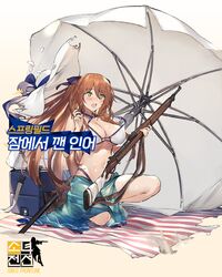  1girl beach_umbrella bikini blush breasts brown_hair cleavage criss-cross_halter duoyuanjun eyebrows_visible_through_hair folded_leg full_body girls_frontline green_eyes gun hair_between_eyes hair_ribbon halterneck hat hat_ribbon highleg highleg_bikini highres ice_box kneeling korean large_breasts long_hair m1903_springfield_(girls_frontline) navel o-ring_bikini official_art open_mouth petals ribbon rifle sarong sitting solo sun_hat sweat swimsuit torn_clothes torn_hat torn_swimsuit umbrella wardrobe_malfunction weapon white_bikini 