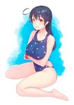  1girl ahoge alternate_costume bangs bare_legs bare_shoulders barefoot black_hair blush breast_hold breasts brown_eyes closed_mouth collarbone full_body highres kantai_collection large_breasts long_hair looking_at_viewer one-piece_swimsuit polka_dot polka_dot_swimsuit scrunchie sitting smile solo swimsuit ushio_(kantai_collection) wariza wrist_scrunchie yuuji_(and) 
