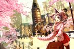  1boy 1girl animal_ears black_legwear blush bow cherry_blossoms hair_bow long_hair looking_at_another looking_away one_eye_closed open_mouth original red_eyes red_skirt sakuhiko skirt steampunk suitcase thigh-highs yagasuri 