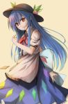  1girl bangs black_hat blue_hair blue_skirt blush bow bowtie cowboy_shot food from_side fruit fuussu_(21-kazin) hat hinanawi_tenshi leaf long_hair looking_at_viewer looking_to_the_side peach puffy_short_sleeves puffy_sleeves rainbow_order red_bow red_bowtie red_eyes shirt short_sleeves sidelocks skirt solo touhou white_shirt 