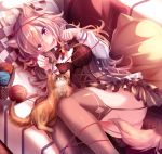  1girl animal_ears bangs basket bell black_legwear black_skirt blush breasts brown_hair cat cat_ears cat_tail checkered_pillow cleavage corset couch garter_straps haruka_natsuki jingle_bell large_breasts long_hair long_sleeves looking_at_another lying on_couch on_side open_mouth original paw_pose pillow skirt smile solo tail thigh-highs thighs violet_eyes yarn_ball 