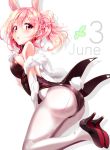  1girl 3 animal_ears ass bare_shoulders braid breasts bunny_tail bunnysuit clover detached_collar elbow_gloves four-leaf_clover gloves haruka_natsuki high_heels june large_breasts looking_at_viewer number open_mouth original pantyhose pink_hair rabbit_ears sideboob solo tail twintails violet_eyes white_gloves white_legwear 