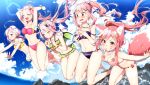  5girls animal_ears bikini breasts clenched_teeth closed_eyes highres hoshino_(sakuragi_ren) jumping medium_breasts multiple_girls open_mouth original pink_hair rei_(sakuragi_ren) sakura_mochi_(sakuragi_ren) sakuragi_ren shiiha_(sakuragi_ren) small_breasts smile strap_slip swimsuit tail teeth 