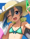  ;d bare_shoulders bikini_top blue_eyes breasts eyebrows_visible_through_hair flat_chest front-tie_bikini front-tie_top green_bikini_top grey_hair hair_between_eyes hat hat_ribbon innertube kantai_collection kawakami_rokkaku kiyoshimo_(kantai_collection) looking_at_viewer one_eye_closed open_mouth protected_link ribbon smile straw_hat sun_hat trigger_discipline upper_body water_gun 