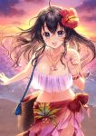  1girl ahoge bangs beach bikini black_hair blue_eyes blush bracelet breasts cleavage cowboy_shot crossed_bangs evening eyebrows_visible_through_hair floating_hair flower hair_between_eyes hair_flower hair_ornament hand_up hibiscus jewelry kanojo_(ogino_atsuki) large_breasts long_hair looking_at_viewer navel ocean ogino_atsuki open_mouth original purple_bikini red_flower sarong sidelocks smile solo sparkle swimsuit 