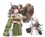  2girls bird brown_eyes brown_hair earphones escort_hime flight_deck folded_ponytail gloves hair_between_eyes hakama hawk horn japanese_clothes kantai_collection karasu_(naoshow357) kasuga_maru_(kantai_collection) long_hair multiple_girls navel red_eyes remodel_(kantai_collection) shinkaisei-kan single_glove taiyou_(kantai_collection) white_hair 