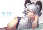  1girl animal_ears arm_support bangs bare_legs barefoot dated grey_hair grin highres jewelry looking_at_viewer lying mouse_ears nazrin on_side pendant red_eyes reiga_(act000) shirt short_hair short_shorts short_sleeves shorts smile solo sweat touhou white_background white_shirt 