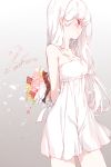  1girl albino arms_behind_back artist_name bangs bare_shoulders blush bouquet closed_mouth collarbone cowboy_shot dated de_da_xianyu dress eyebrows_visible_through_hair flower from_side gradient gradient_background holding holding_bouquet long_hair original red_eyes signature solo sundress tears white_dress white_hair 
