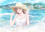  brown_eyes brown_hair dress hat highres kinoebi long_hair ocean summer sundress tagme water 