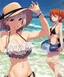  2girls bikini black_bikini commentary_request fate/grand_order fate_(series) fujimaru_ritsuka_(female) hair_ornament hair_over_one_eye hair_scrunchie hat kerorira multiple_girls orange_hair purple_hair scrunchie shielder_(fate/grand_order) short_hair side_ponytail straw_hat swimsuit 