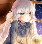  1girl anastasia_(idolmaster) black_sweater bow breasts chin_rest christmas_tree cross cross_necklace earrings eyebrows_visible_through_hair female green_eyes hair_bow idolmaster idolmaster_cinderella_girls indoors jewelry looking_at_viewer medium_breasts necklace raimu_(yuzu-raimu) short_hair silver_hair smile snow snowing solo sweater upper_body window 