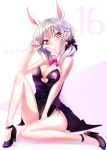  1girl animal_ears blush breasts bunnysuit cleavage detached_collar earrings food haruka_natsuki high_heels jewelry june large_breasts looking_at_viewer no_socks original popsicle rabbit_ears red_eyes side_ponytail silver_hair sitting solo sweat 