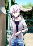  1boy accelerator black_shirt blue_pants cardigan choker collarbone cowboy_shot day eyebrows_visible_through_hair hair_between_eyes hood hooded_sweater namo open_cardigan open_clothes outdoors pants parted_lips red_eyes shirt short_hair silver_hair solo spiky_hair standing sweater to_aru_majutsu_no_index watch white_sweater zipper 