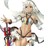  1girl altera_(fate) bare_shoulders black_nails dark_skin detached_sleeves fate/grand_order fate_(series) midriff nail_polish navel p!nta red_eyes revealing_clothes short_hair simple_background solo sword tattoo veil weapon white_background white_hair 