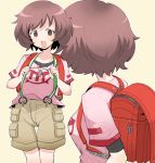  akiyama_yukari backpack bag bangs brown_eyes brown_hair brown_shorts cargo_shorts casual eyebrows_visible_through_hair girls_und_panzer henyaan_(oreizm) jewelry layered_clothing messy_hair multiple_views necklace open_mouth pink_shirt print_shirt randoseru shirt short_hair short_sleeves shorts simple_background smile suspender_shorts suspenders suspenders_pull t-shirt yellow_background 