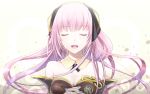  1girl :d blue_nails breasts choker cleavage closed_eyes collarbone detached_sleeves eyebrows_visible_through_hair eyes_closed floating_hair hair_ornament kikuchi_mataha long_hair medium_breasts megurine_luka_(vocaloid4) nail_polish open_mouth pink_hair simple_background smile solo standing strapless upper_body very_long_hair vocaloid white_background 