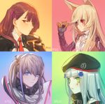  4girls absurdres animal_ears artist_name bangs beret black_gloves blonde_hair blue_eyes blunt_bangs blush breasts brown_hair closed_mouth eyebrows_visible_through_hair facial_mark g41_(girls_frontline) girls_frontline gloves gradient gradient_background green_background green_eyes hair_between_eyes hair_ornament hair_ribbon haje hand_up hat heterochromia highlights highres hk416_(girls_frontline) holding holding_hair jacket light_smile long_hair looking_at_viewer multicolored_hair multiple_girls necktie one_side_up orange_background parted_lips pink_background portrait purple_hair purple_ribbon red_eyes red_necktie ribbon sidelocks signature silver_hair sketch small_breasts st_ar-15_(girls_frontline) teardrop two_side_up upper_body wa2000_(girls_frontline) 